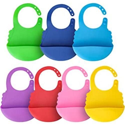Aricsen 7 Pack Silicone Baby Bibs for Babies & Toddlers (6-72 Months), Plastic Adjustable Fit Waterproof Feeding, Easy Wipe Clean, Soft, Unisex, Pouch Non Messy Boys Girls Eating Drink (7 Colors)