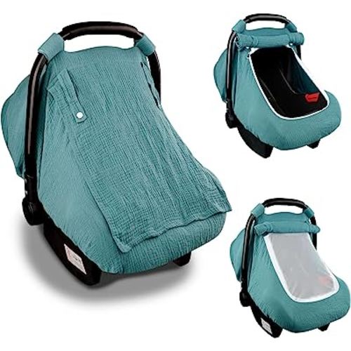 Muslin Car Seat Covers for Babies, Summer Baby Car Seat Cover for Boys Girls with Breathable Window, Lightweight Infant Car Seat Canopy, Blue