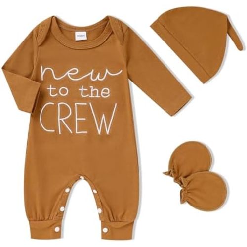 GRNSHTS Newborn Baby Boy Romper Coming Home Outfits Letter Print Bodysuit Jumpsuit+Hat+Gloves 3PCS Clothes Set