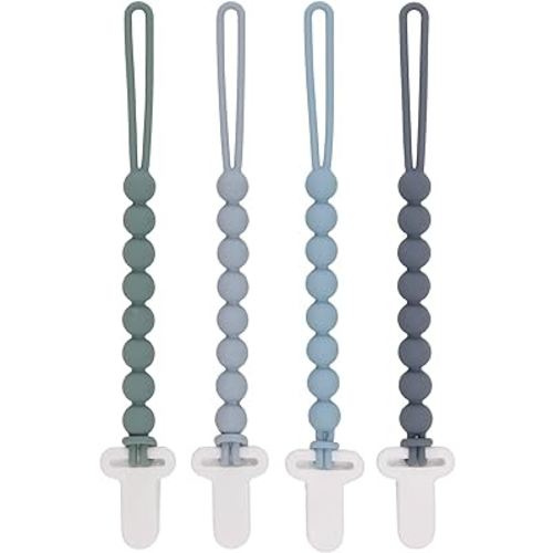 4-Pack Silicone Pacifier Clips with One-Piece Beads for Baby Boys and Girls - Flexible and Rust-Free Holders for Teething Relief and Baby Essentials, Safe for Newborns (Grey)