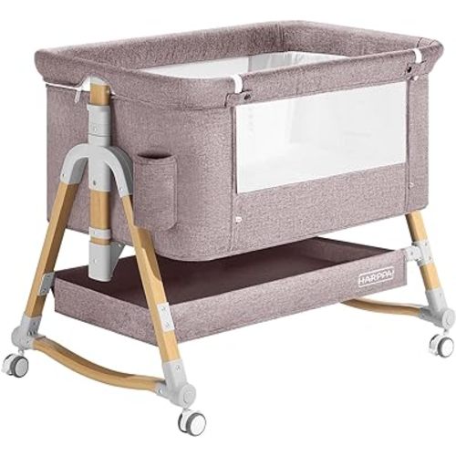 HARPPA Cuddly Bassinet, 3 in 1 Baby Bassinet Bedside Sleeper, Bedside Crib with Mattress and Wheels, Breathable Mesh, 5 Height Adjustable, Anchor Strap (Wood Grain, Khaki)