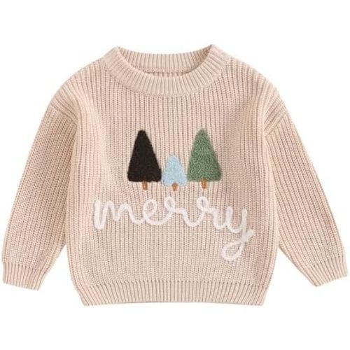 Kids Toddler Christmas Sweater Boys Girls Christmas Tree Embroidery Long Sleeve Knit Sweater Pullover Sweatshirt Top