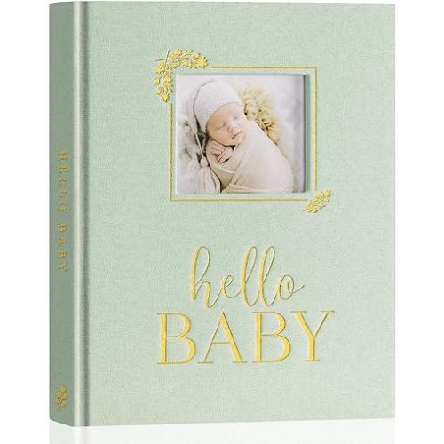 Lanpn Baby Memory Book Journal, Newborn First 5 Year Keepsake, Linen Baby Photo Book Memories Keepsake Scrapbook with DIY Window, Baby Milestone Album for Boy Girl New Parents (Sage Green, 154 Pages)