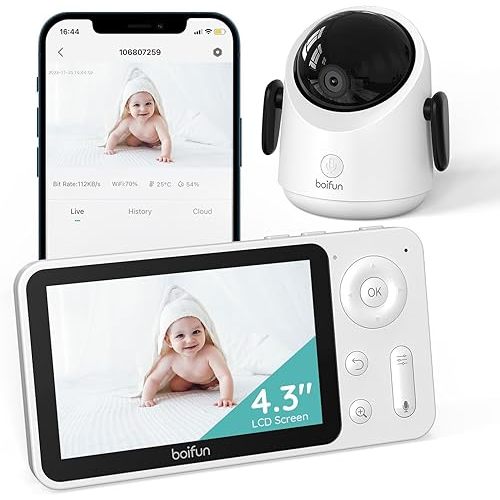 BOIFUN Smart Baby Monitor, 1080P HD 4.3" Wireless Display (Moniteur Bébé), Night Vision, Auto Tracking, AI Motion & Sound Detection, Temperature & Humidity Sensor