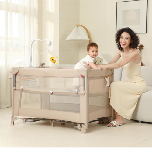 5 in 1 Pack and Play, Baby Bassinet Bedside Sleeper, Baby Playard, Bedside Crib with Changing Table, Foldable Travel Playard for Newborn to Toddles (Beige)