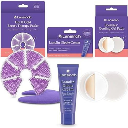 Lansinoh Breast Therapy Packs with Soft Covers, 2 Pack + Lansinoh Lanolin Nipple Cream, Safe for Mom & Baby, 1.41 Ounces + Lansinoh Soothies Cooling Gel Pads, 4 Count, Provides Relief for Sore Nipples