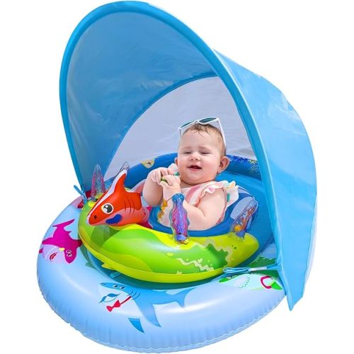 Inflatable Baby Pool Float with UPF50+ Sun Protection Canopy, Adjustable Safety Seat & Interactive Toy Play Console - Includes Ocean Animal Toys for Infants & Toddlers 3-36 Months