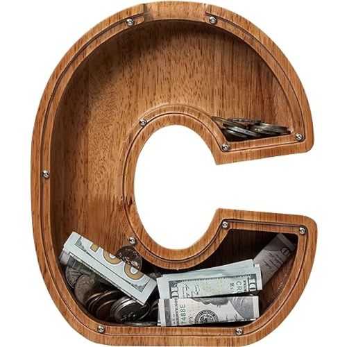 12 Inch Extra Large Wooden Kids Letter Piggy Bank - Piggy Bank for Boys Girls - Initial C Bank - Alphabet Money Bank for Birthday