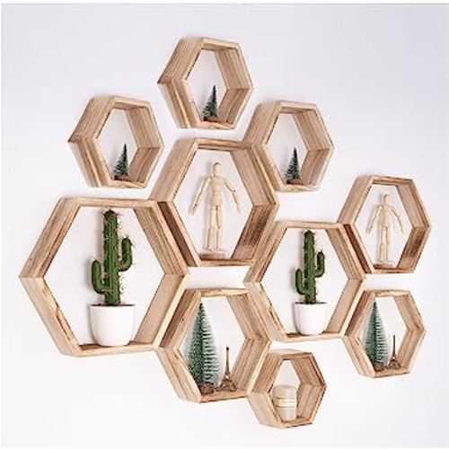 Hexagon Floating Shelves Honeycomb Shelves Wall Mounted Wood Farmhouse Storage Wall Shelf for Bathroom, Kitchen, Bedroom, Living Room,Driftwood Finish Wall Decor,light brwon