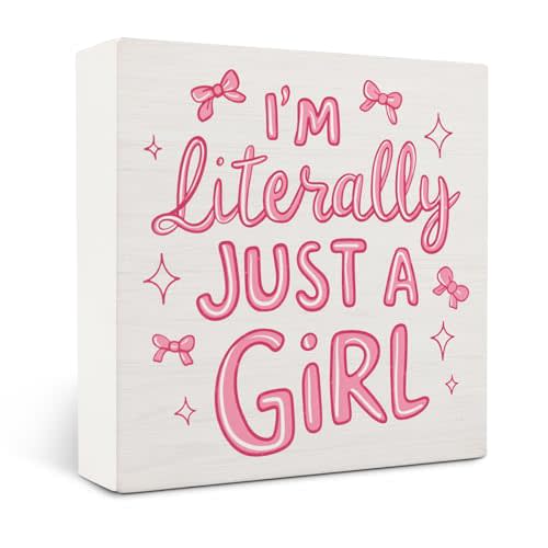 OVAcational Pink Coquette Bow Room Decor Wooden Signs,Preppy Pink Bow Wooden Box Sign,Pink Bow Decor For Bedroom,I'm Literally Just A Girl Decor For Home Desk Tabletop Shelf Decoration 5x5 Inches