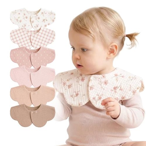 6-Pack Muslin Baby Bibs, 360° Rotate Flower-Shaped Drool Bibs