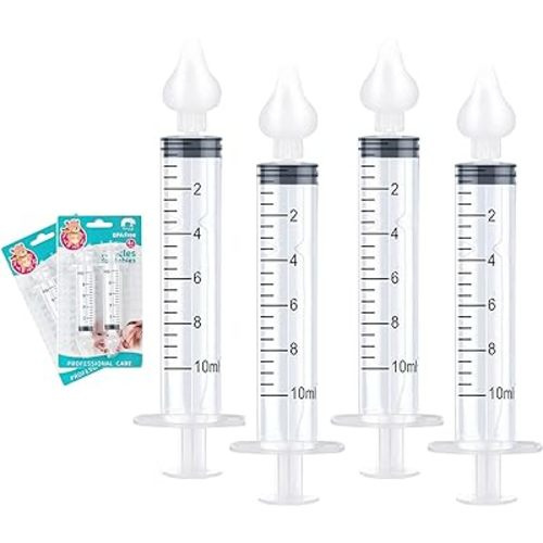 4 PCS Baby Nasal Aspirator, 10ml Professional Portable Nasal Irrigator with Cleanable & Reusable Silicone Nasal Suction Tip, Infant Nose Sucker Cleaner Rinsing Device