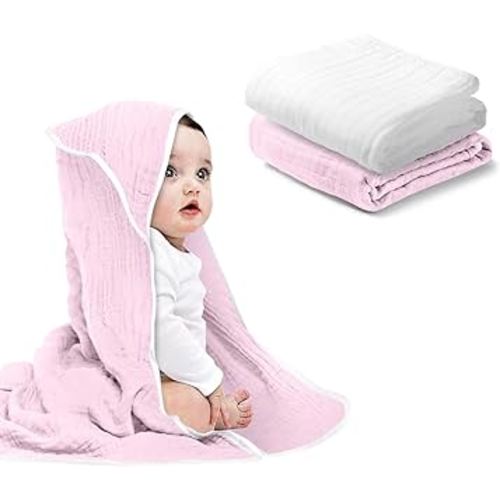Baby Hooded Towels for Babies and Toddlers, Muslin Baby Bath Towel Soft and Absorbency for Baby Girls (Pink and White 2)