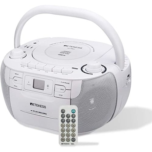 Retekess TR621 CD and Cassette Player Combo, Boombox CD Player for Home, AM/FM, Tape Recording, TF/USB Drive, AC or D Battery Powered, Headphone Jack, Stereo Sound (White)