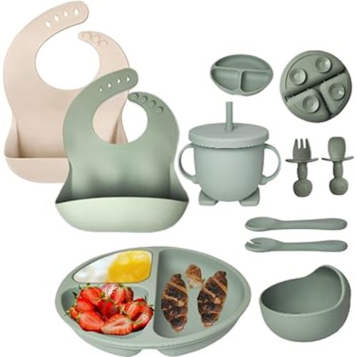 10 Pcs Baby Utensils – Silicone Baby Spoons and Forks for Self Feeding – Suction Plate - Anti-Choke Baby Feeding Supplies – Baby Led Weaning Set with Bibs – Great Gift Set (Green)