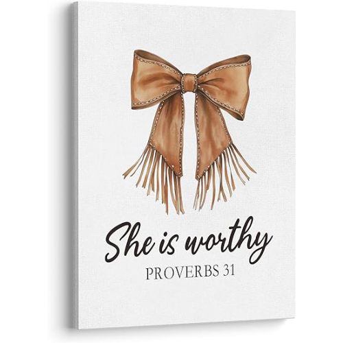 XWELLDAN Western Coquette Bow She is Worthy Proverbs 31 Scripture Christian Framed Canvas Wall Art Decor, Western Cowgirl Coquette Dorm Room Decor, 11x14 Inches(668-yh-Christmas)