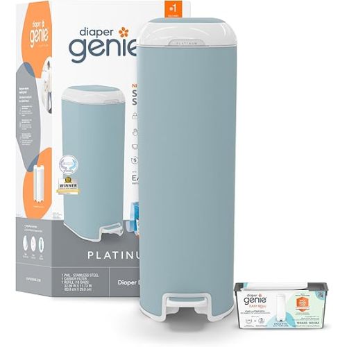 Diaper Genie Platinum Pail (Glacial Blue) + 1 Easy Roll Refill with 18 Bags