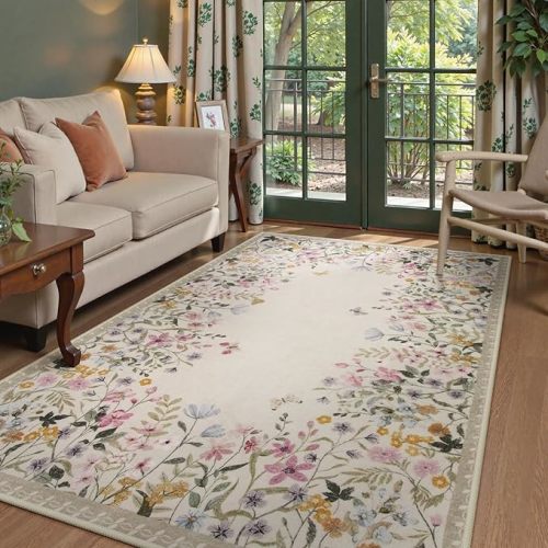 Lahome Boho Floral Beige Washable 5x7 Area Rugs for Living Room, Non Slip Rugs for Bedroom, Indoor Throw Dining Room Carpet for Under Table Entryway Kitchen Office(Beige,5x7)