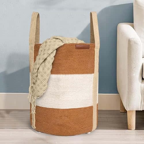 Folkulture Laundry Basket | 70L Laundry Hamper | 100% Cotton | Foldable | Tall Woven Rope Basket with Levelers & Sturdy Handles | Large Dirty Clothes Hamper | Baby, Kids Nursery Hamper for Storage