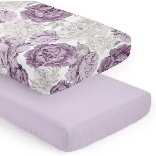 Sweet Jojo Designs 2-Piece Baby Crib Sheets Set (Boho Purple Floral) for Girls, Infant Nursery, Toddler Room - Fitted, Standard Size (Lavender, Bohemian, Vintage, Flower, Watercolor, Shabby Chic)