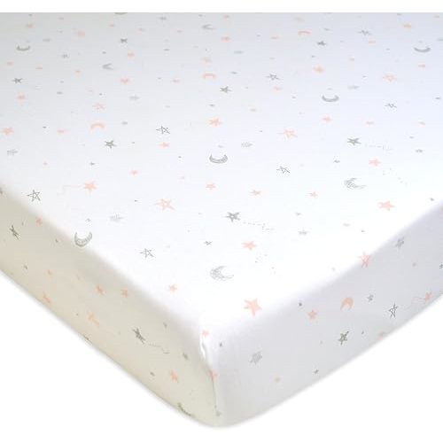 American Baby Company 100% Natural Cotton Fitted Crib Sheet 52" x 28" - Soft, Breathable, Hypoallergenic & Gentle Toddler Bed Sheet, Pink Stars and Moons, Neutral for Boys & Girls