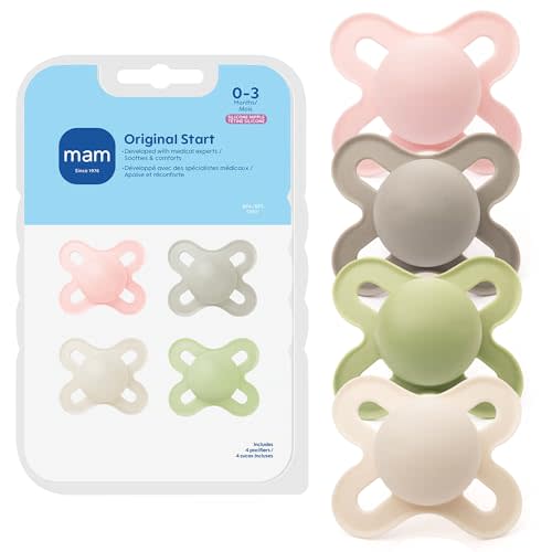MAM Original Start Baby Pacifiers 0-3 Mths Skin Soft Silicone, 4 Pack | Developed With Medical Experts Especially For Smaller Newborn Mouths, Easy To Clean, BPA-Free, Made In Europe