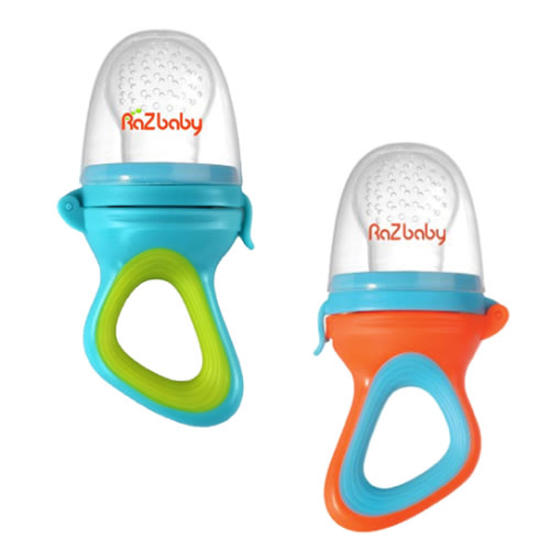 RaZbaby Baby Solids/Frozen Fruit Feeder Pacifier, Infant Teether Toy 6M+, BPA-Free, Safely Introduce Solids, Natural Teething Relief, Dishwasher Safe, Freezable – Blue & Orange 2-Pack