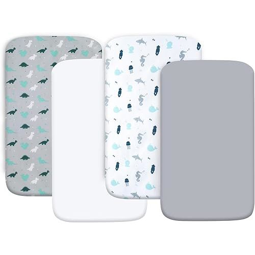 Crib Sheets for Boys or Girls 4 Pack, Baby Crib Sheets 52'' x 28'' for Standard Crib & Toddler Mattress, Soft and Breathable Material, Baby Crib Sheet Neutral, Grey Dinosaurs & Ocean