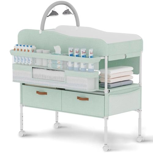 Diaper Changing Station, Portable Changing Table for Baby, Diaper Changing Table with Storage Drawers, Waterproof Baby Changing Station with Wheels and Adjustable Height for Newborn Infant and Toddler