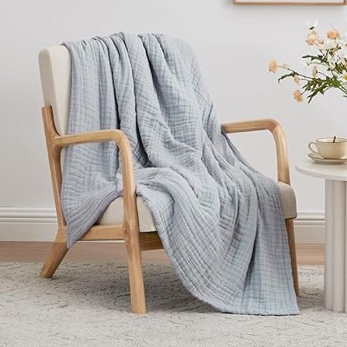 Love's cabin 6 Layer 100% Cotton Muslin Blanket, 50"x60" Throw Muslin Blanket for Couch Bed, Bluish Grey Muslin Throw Blanket, Cotton Gauze Blanket for Adult, Lightweight and Breathable Blanket