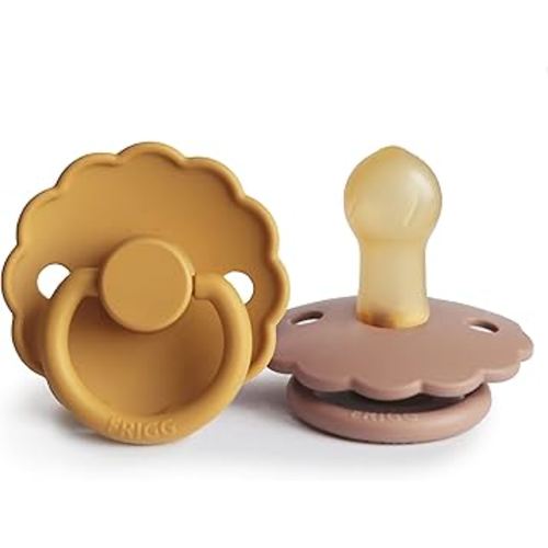 FRIGG Daisy Natural Rubber Baby Pacifier | Made in Denmark | BPA-Free (Rose Gold/Honey Gold, 0-6 Months) 2-Pack