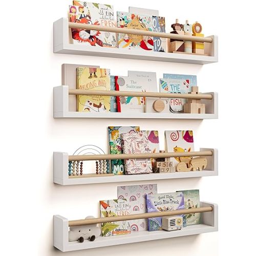 Nursery Book Shelves - 4 Pack, Wall Book Shelves for Bedroom Kids, Kids Wall Book Shelf, Book Shelf for Kids Rooms, Floating Book Shelves for Toddler, Baby, Play Room, Nursery Decor