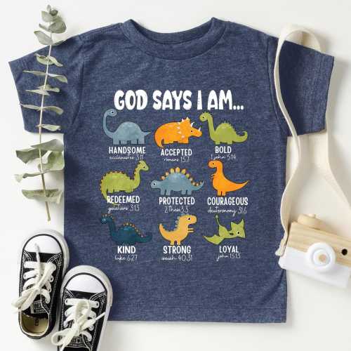 God Says I Am Dinosaur Shirt, Boy's Religious Shirts, Christian Kids T-Shirt, Bible Verse Dinosaur Tee, Christian Gift For Kids