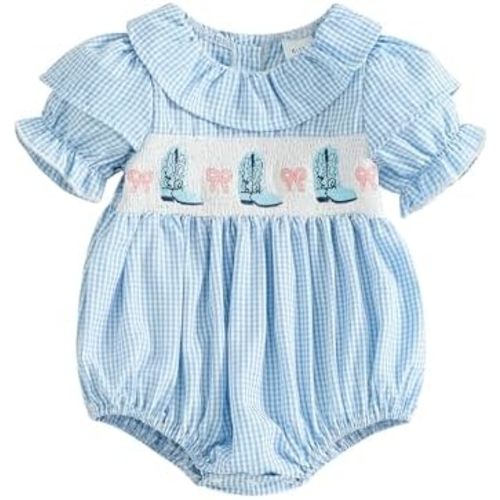 Kupretty Baby Girl Embroidery Smocked Romper Plaid Short Puff Sleeve Ruffle Collar Gingham Bubbles Playsuit Summer Clothes