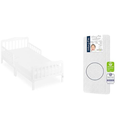 Dream On Me Toddler Bed, Mattress & Bedding Bundle - Classic Design Toddler Bed in White, Twilight 5" 88 Coil Mattress