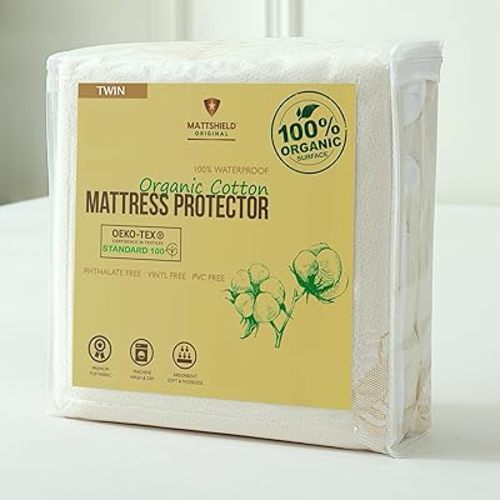 Waterproof Organic Mattress Protector Twin Size – Soft OCS Certified Organic Cotton Surface Mattress Cover – Noiseless & Breathable 250 GSM Mattress Pad – Deep Pocket Fitted Design