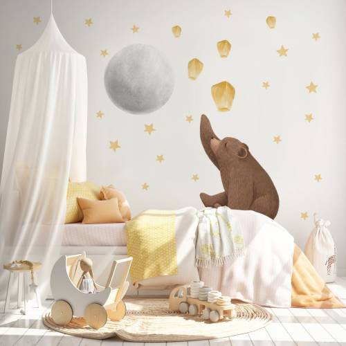 NITEWISH moon - Forest wall decal / Bear wall sticker / Woodland Night Sky / Lanterns