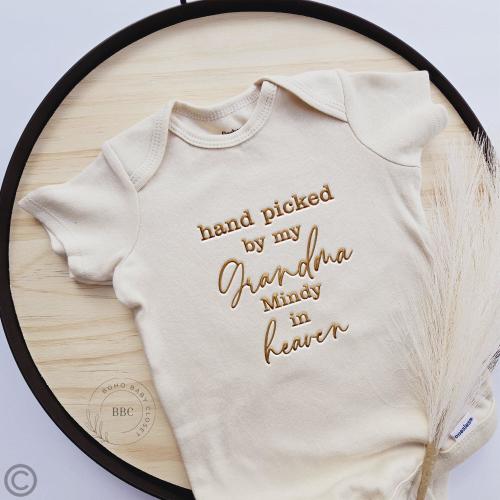 Embroidered Hand Picked by My Grandma In Heaven Onesie® Brand, Bodysuit, Custom Grandma Onesie® Pregnancy Announcement, Baby Shower Z6
