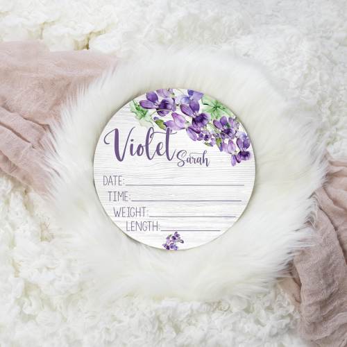 Violet Flowers Birth Stat Sign, Round Wood Birth Stat Sign, Purple Violet Stat Sign, Personalized Birth Stat Sign, Baby Gift F72