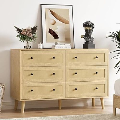 SINROM® 6 Drawer Rattan Dresser for Bedroom, Modern Double Dresser with Black Handles, Wood Storage Chest of Drawers for Bedroom, Living Room, Hallway and Entryway, Natural