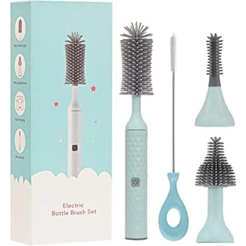 Electric Bottle Brush Set with Baby Bottle Brush, 2 Nipple Brush, Straw Cleaner Brush, Electric Baby Bottle Cleaner, Gift for Pregnant Women and New Moms,Blue