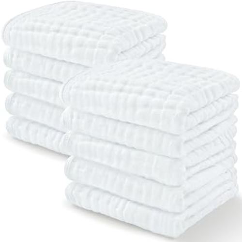 Baby Washcloths, Muslin Cotton Towels, Large 10”x10” Wash Cloths Soft on Sensitive Skin, Absorbent for Boys & Girls, Newborn Baby & Toddlers Essentials Shower Registry Gift (White, Pack of 10)