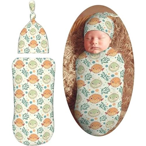 Cute Puffer Fish Newborn Swaddle Blankets Hat Sets Soft Baby Receiving Blanket Swaddle Sack for Baby Shower Infant Boy Girl Gift
