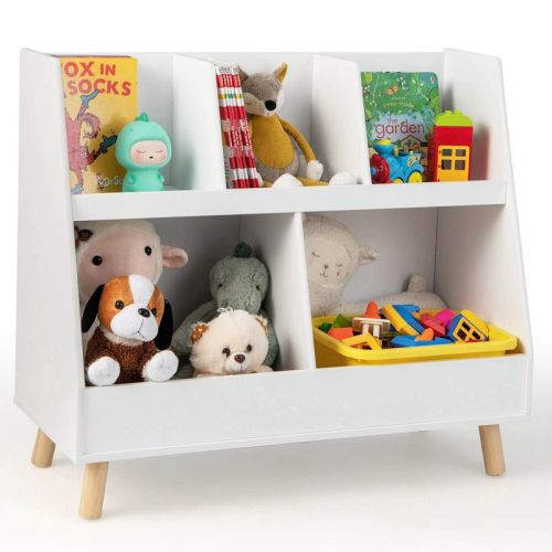 Costway 5-Cube Kids Bookshelf and Toy Organizer Wooden Storage Bookcase with Wood Legs Natural/White, Color: White
