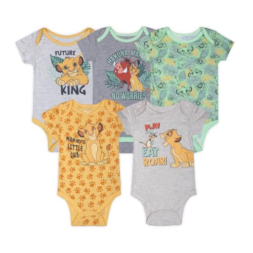 Disney Mickey Mouse, Lion King, and Winnie the Pooh Baby Boys 5 Pack Bodysuits for Newborn and Infants