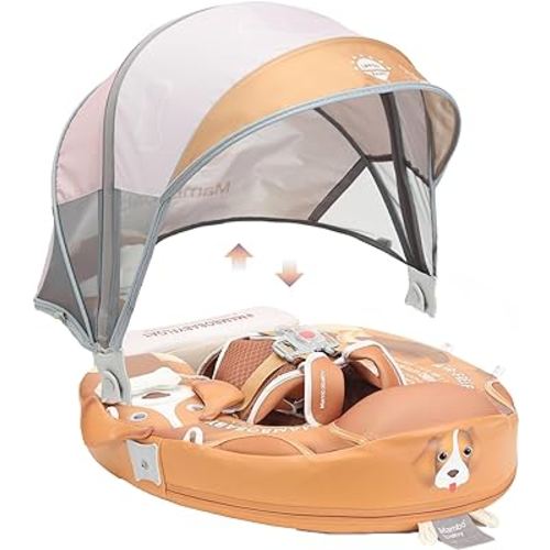 Mambobaby Float with Canopy Baby Float Non Inflatable for Pool, Upgraded Tail Baby Swim Float Soft Skin-friendly Material Infant Swimming Float Air Free Smart Trainer for Aged 3-24 Months, Puppy Brown