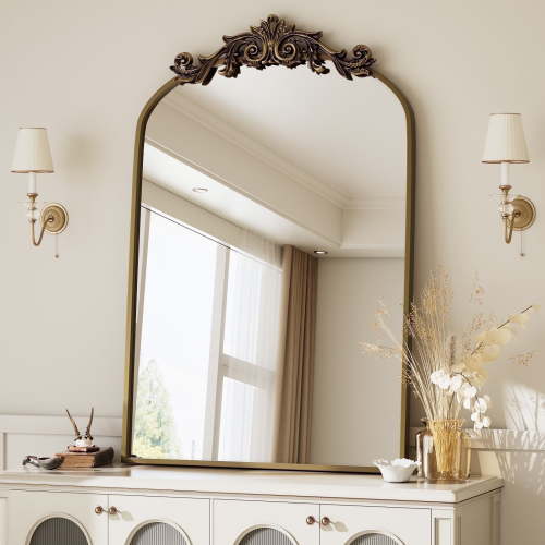 BEAUTYPEAK 32"x22" Vanity Wall Mirror Decorative Vintage Arch Bathroom Mirror,Bronze