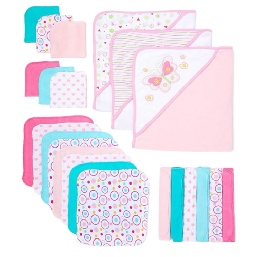 Spasilk Bath Hooded Towels & Washcloths Set for Babies, 23-Piece Gift Set, White Butterfly