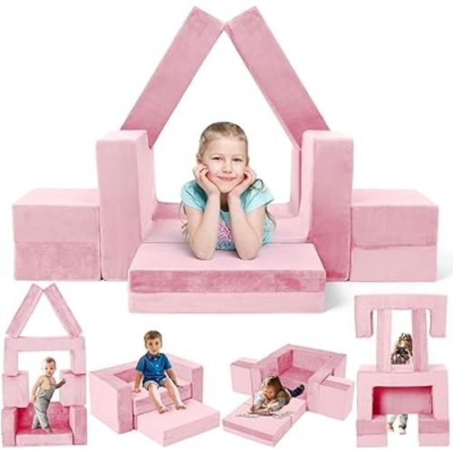 Kids Couch Sofa, 7 Pcs Modular Toddler Couch, Freely Removable Kids Chair Sofa for Playing, Creativity, Sleeping, Versatile Fold Out Baby Play Couch Set for Playroom, Bedroom Furniture