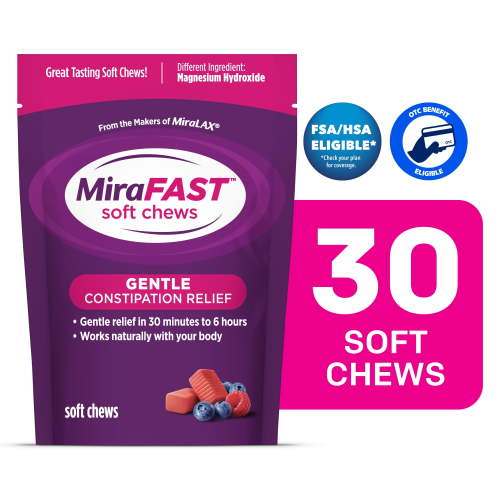 MiraFAST Soft Chews, Gentle Constipation Relief for Kids & Adults, Fast Acting Laxative, Mixed Berry Flavor, 30 Ct